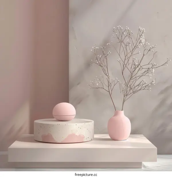 Minimalist Pink Podium and Vase with Dry Flowers