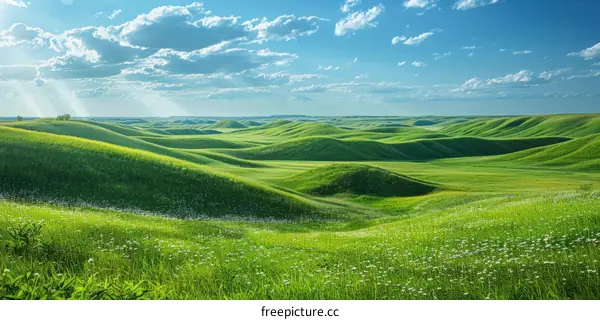 Green rolling hills under blue sky and white clouds