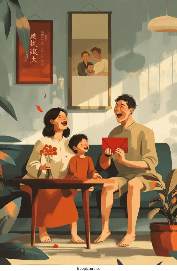 A happy family of three celebrates the Spring Festival