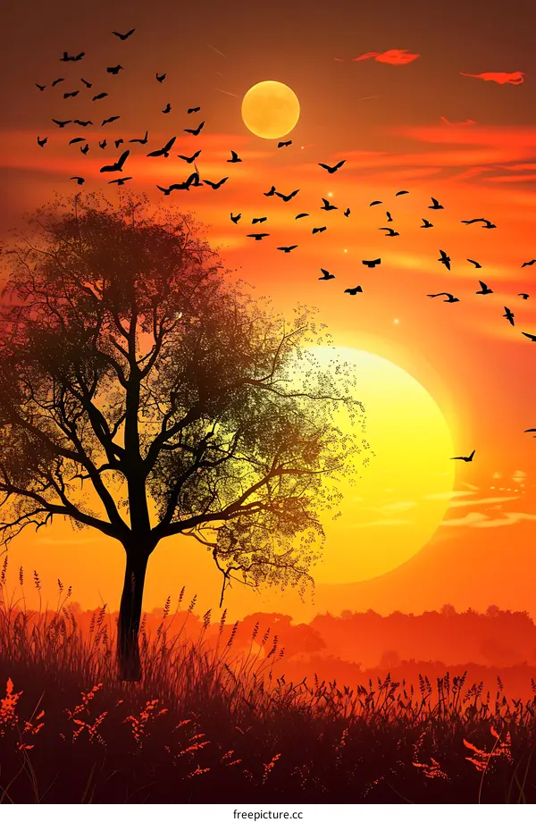 Silhouette Tree Sunset Birds Flying
