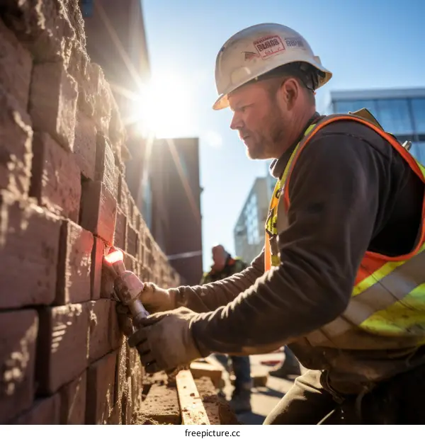 Construction worker laying bricks on a building site