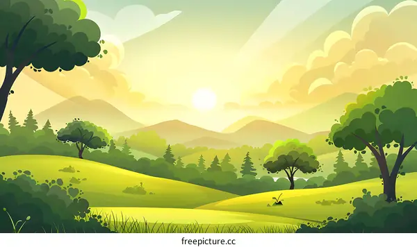 Sunrise Over Green Hills and Trees Cartoon Illustration