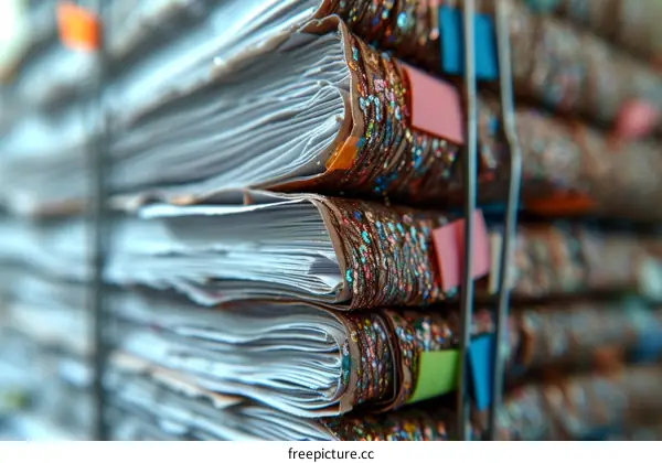 Close-up of a stack of files with colorful sticky notes.