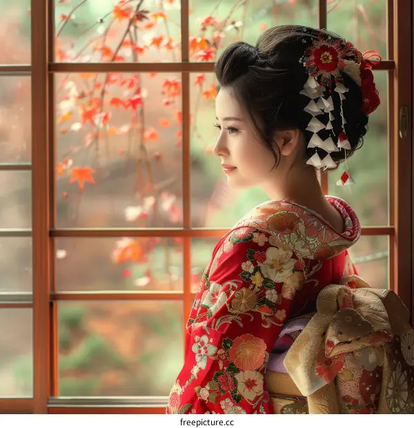 A Japanese woman wearing a kimono is sitting by the window.