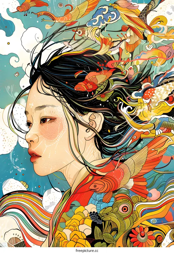 Colorful Illustration of Woman With Fish and Birds in Her Hair