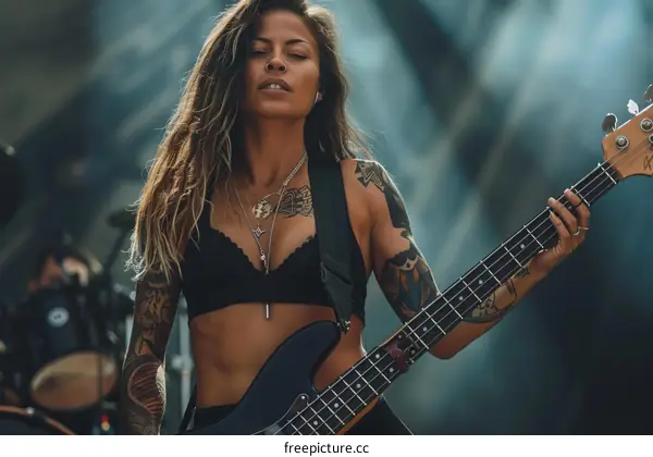 Portrait of a Female Bass Guitarist Performing on Stage
