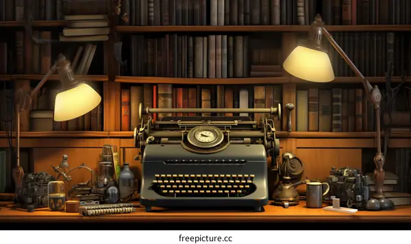 Vintage typewriter and desk with bookshelves in the background