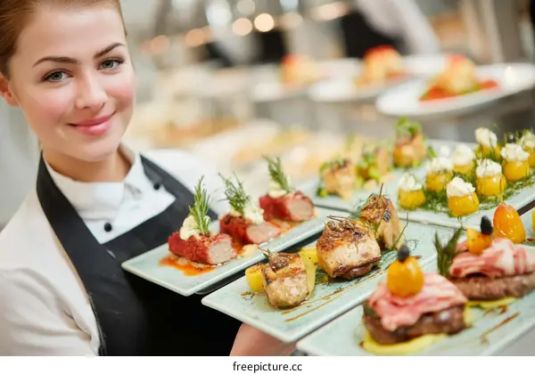 Food Service Staff Serving Gourmet Dishes at a Banquet