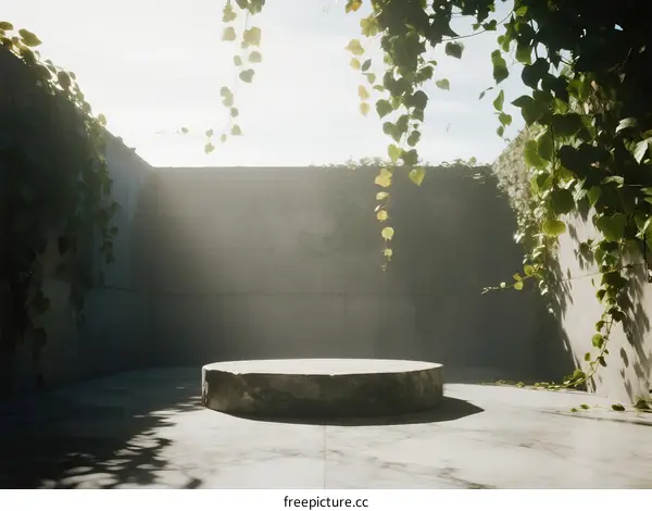 Sunlit Circular Platform Amidst Overgrown Concrete Courtyard
