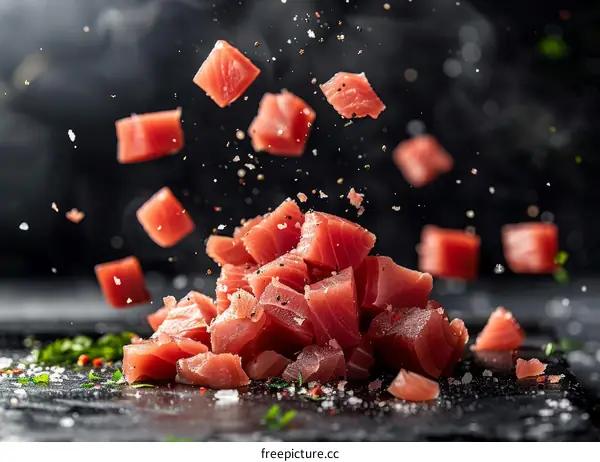 Fresh tuna cubes falling with spices and herbs