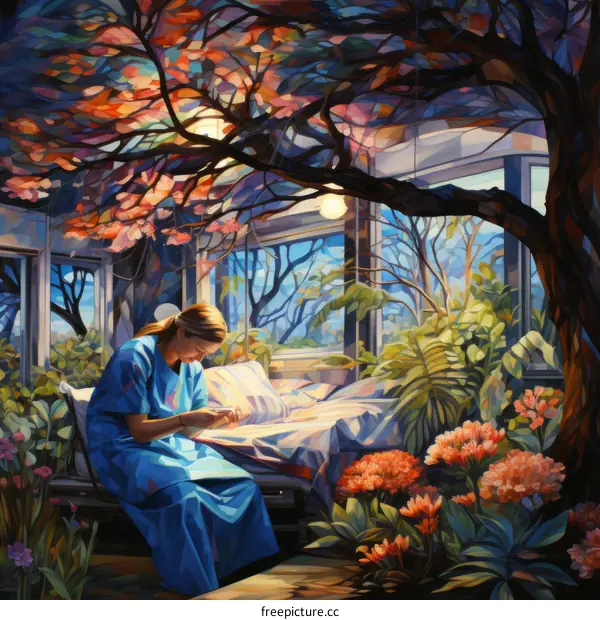 An illustration of a woman reading in a beautiful garden