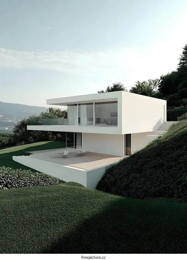 Modern White House with Terrace and Green Grass