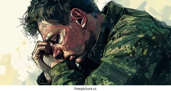 A soldier holds his face in his hands