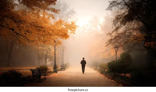 Autumn Foggy Park Pathway Walk