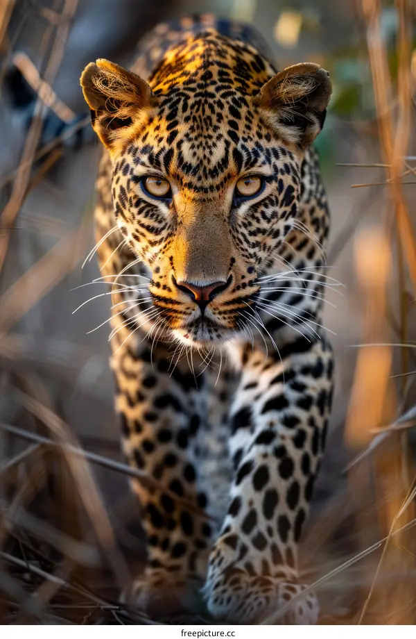 Close up of a leopard walking through the African savanna