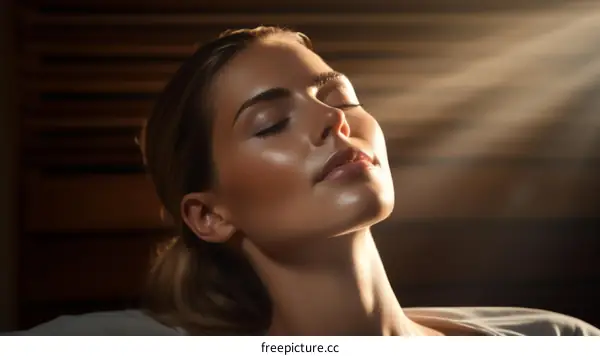 Young woman with eyes closed and head tilted back, enjoying the sun's warmth