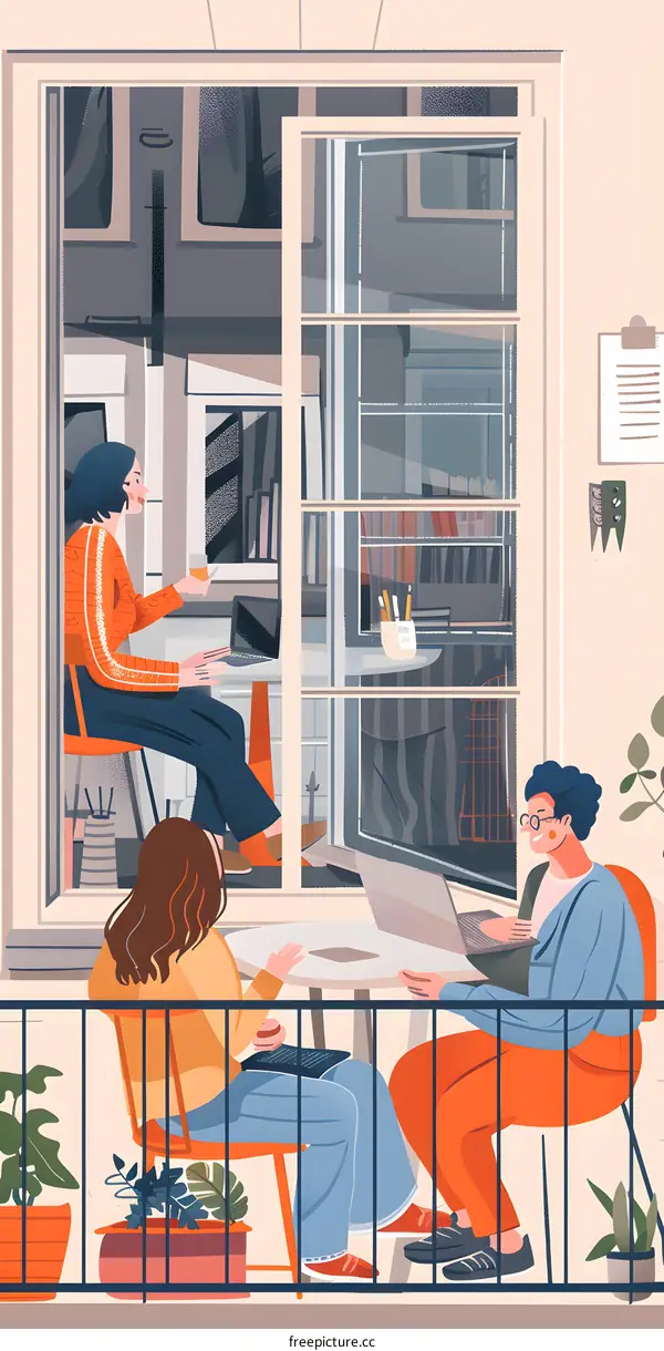 Three Friends Talking and Working On Their Laptops Outside Their Apartment