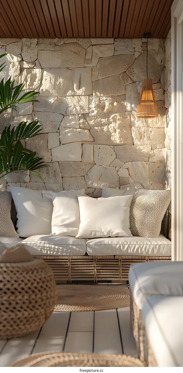 Modern Minimalist Balcony with Wicker Furniture and Stone Wall