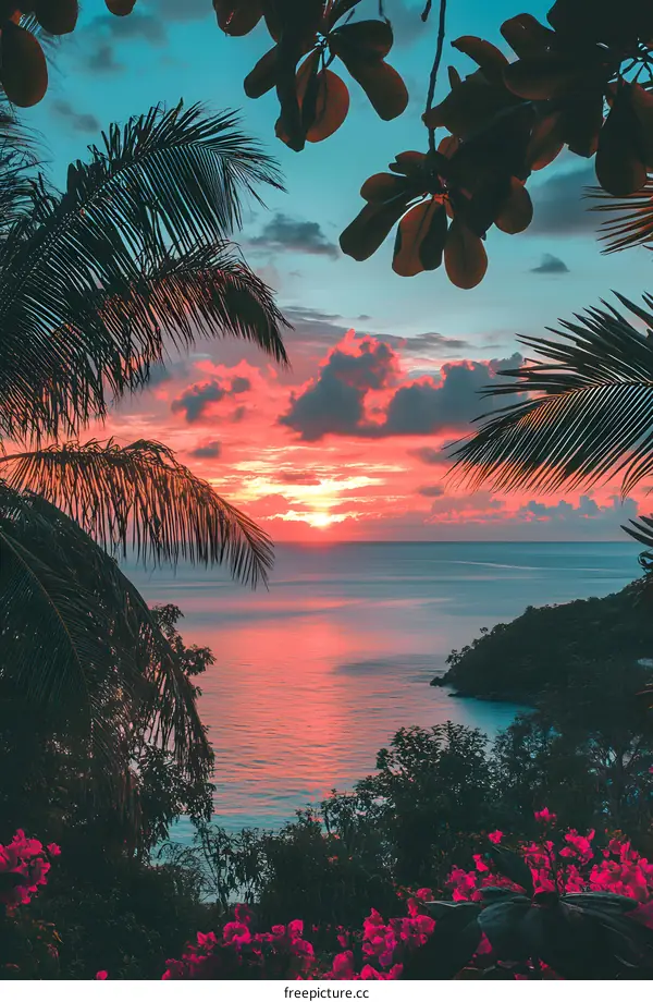 Stunning Sunset Over Tropical Ocean With Palm Trees