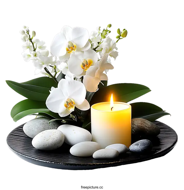 [Transparent Background PNG]White Orchid Arrangement with Candle and Stones