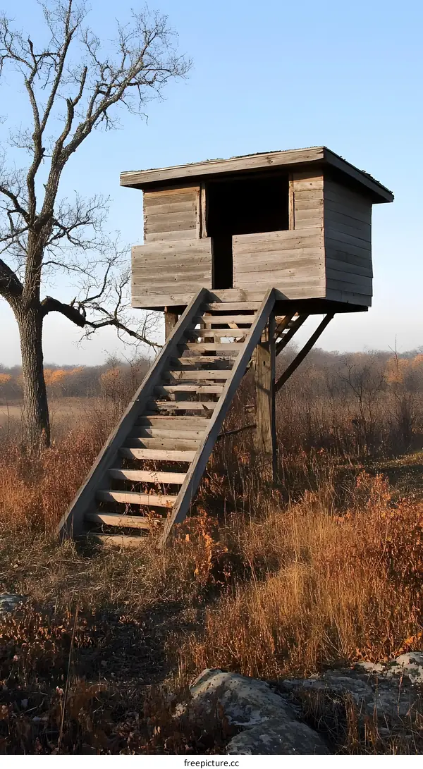 Wooden Tree Stand with Stairs in a Field
