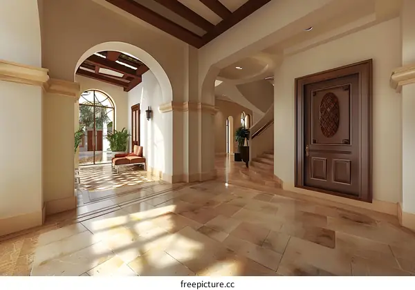 Interior Design Of Modern Home With Archway And Wooden Ceiling