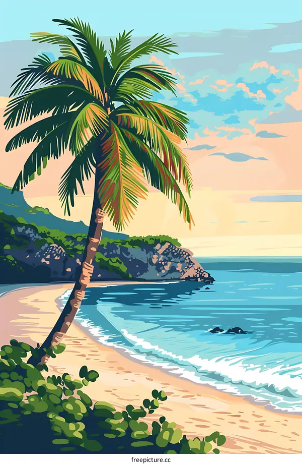 Tropical Beach Sunset Palm Tree Seascape Illustration