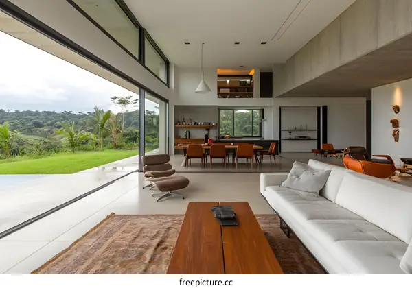 Modern Living Room With Large Windows And View Of Nature
