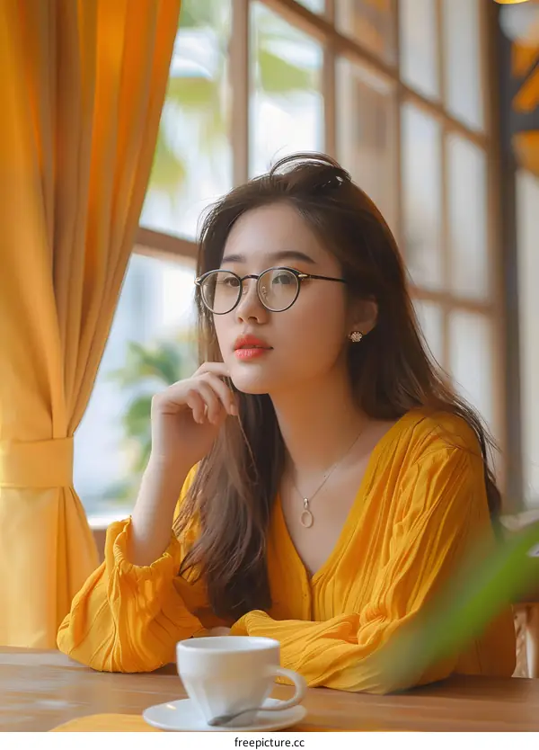Beautiful Asian Woman Sitting In Cafe Wearing Yellow Dress