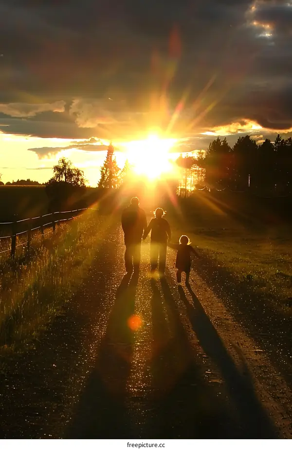 Family Silhouettes Walking Towards the Setting Sun