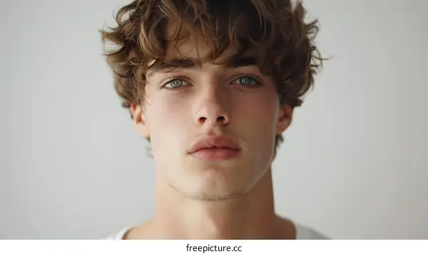 portrait of a young man with curly hair and green eyes