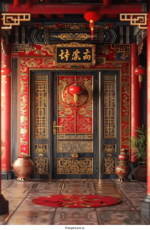 Traditional Chinese Doorway with Red Lanterns
