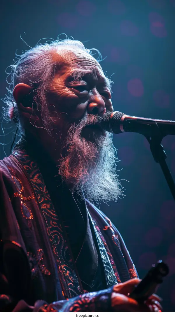 Portrait of an old Asian man singing into a microphone
