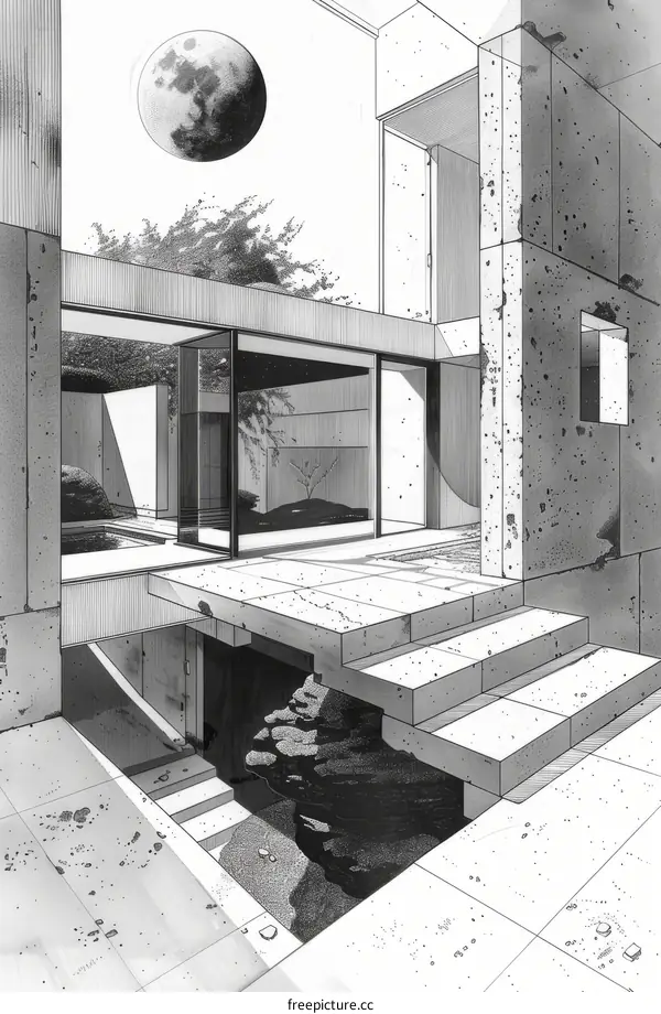 Black and white sketch of a modern house with a moon in the background