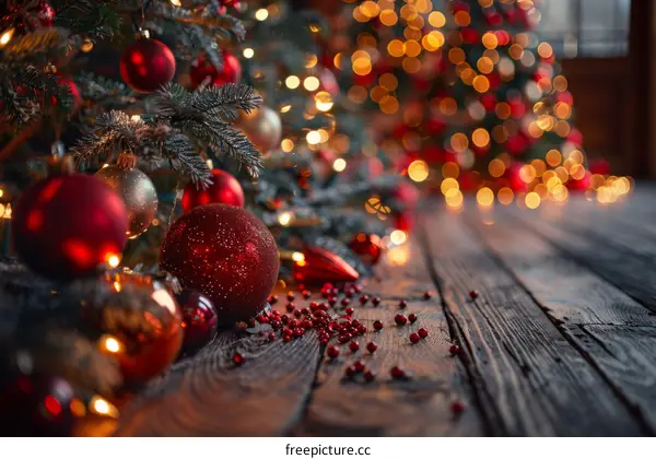 Festive Christmas Tree Decorated with Red and Gold Ornaments
