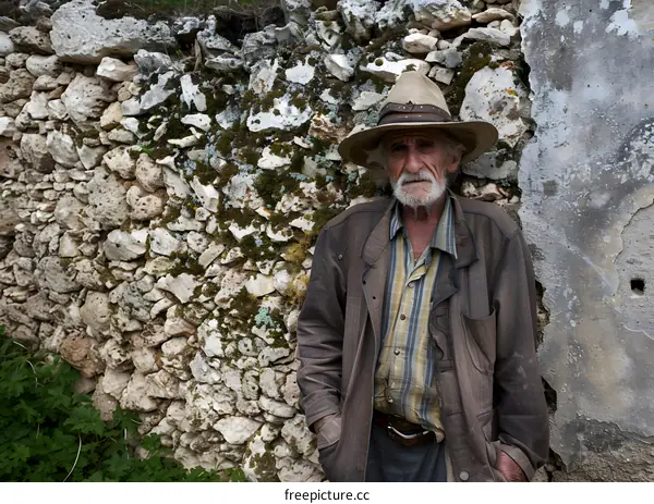 Old Man in a Hat Standing by a Stone Wall