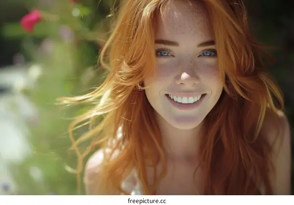 Portrait of a smiling redheaded woman with freckles