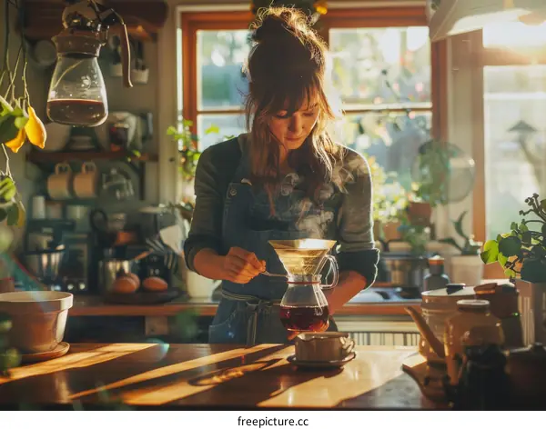 Young woman making coffee in a cozy kitchen