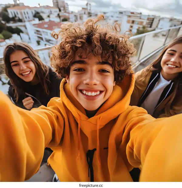 Smiling Teenager Taking Selfie With Friends on Rooftop