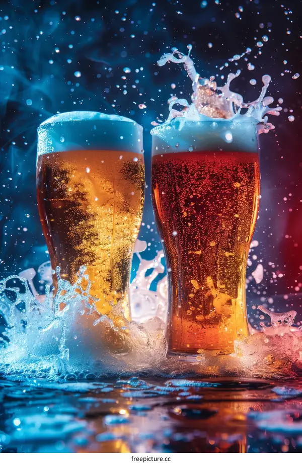 Beer glasses with splashing foam