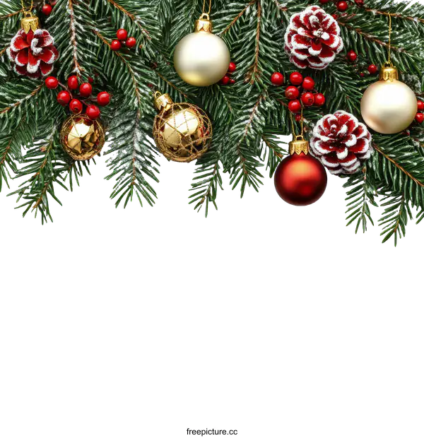 [Transparent Background PNG]Christmas Decoration Border with Ornaments and Pine Branches
