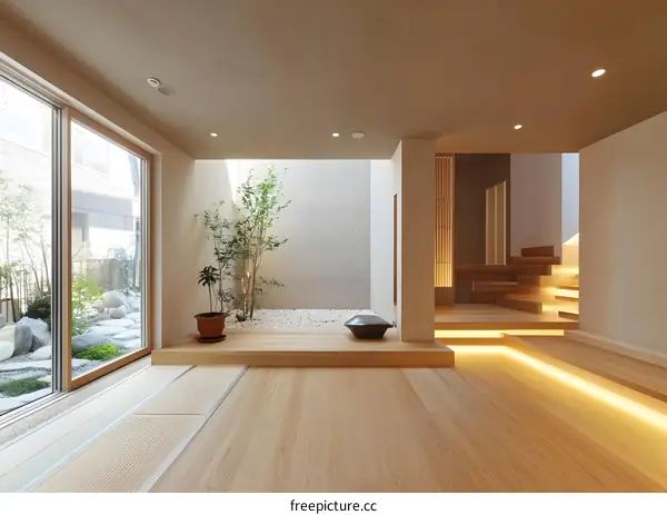 Modern Japanese Style Interior Design With Wooden Floor And Small Garden