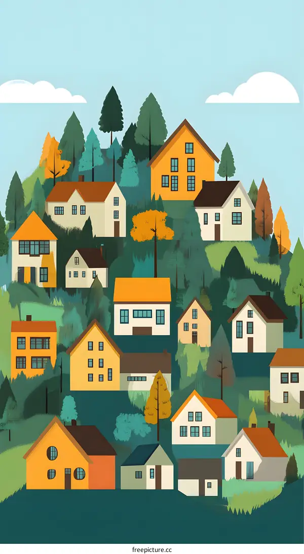 Cartoon Illustration of Colorful Houses in Green Forest