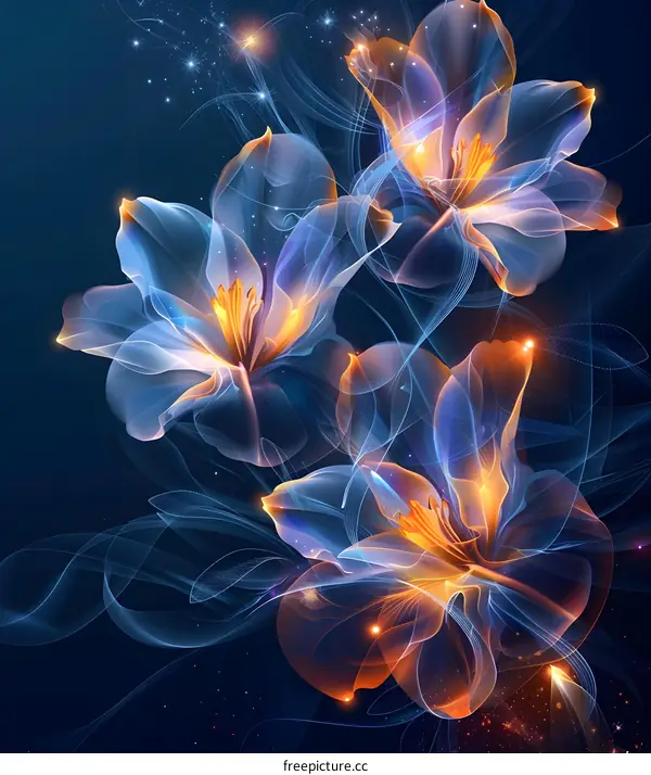 Blue and orange glowing flowers
