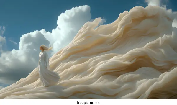 Woman in White Dress Standing on Fabric Waves Under Blue Sky