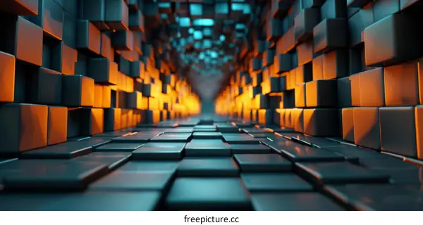 Blue and orange 3D rendering of a tunnel