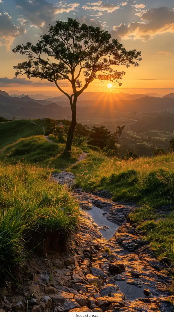 Sunset Overlooking a Rocky Hill