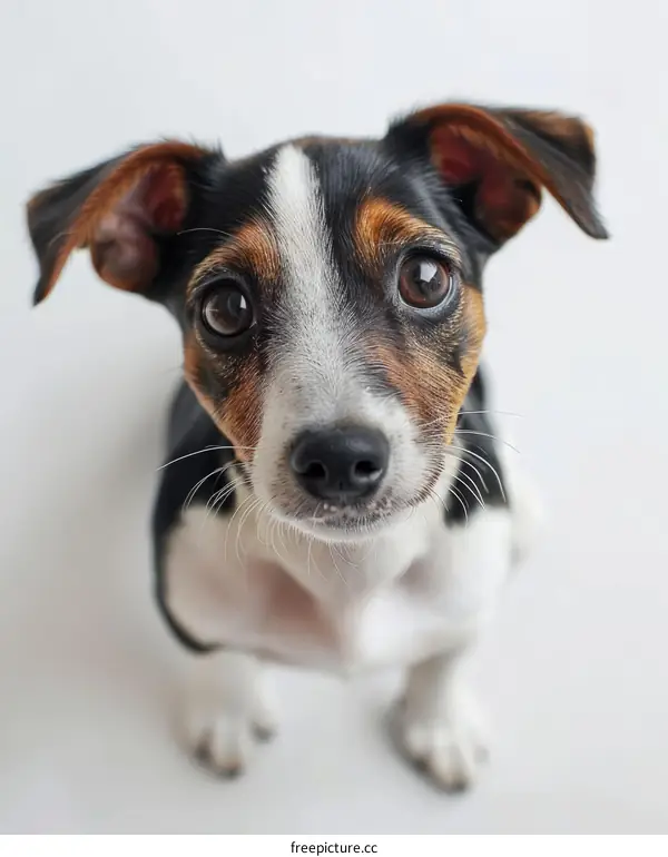 A cute small dog looking up