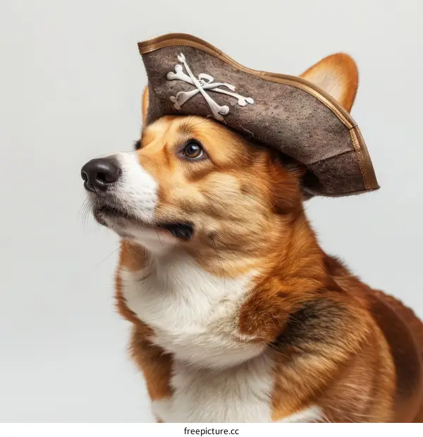 A cute corgi dog wearing a pirate hat