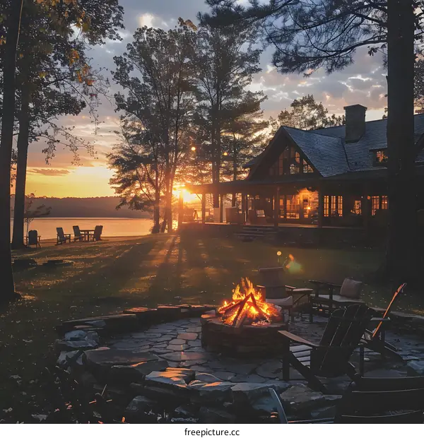 Cozy lakeside cabin at sunset with bonfire